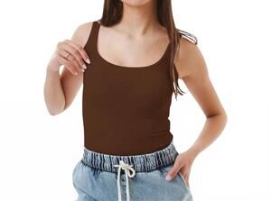 NEW AMBAR women's minimalist square neck slim fit tank top in brown